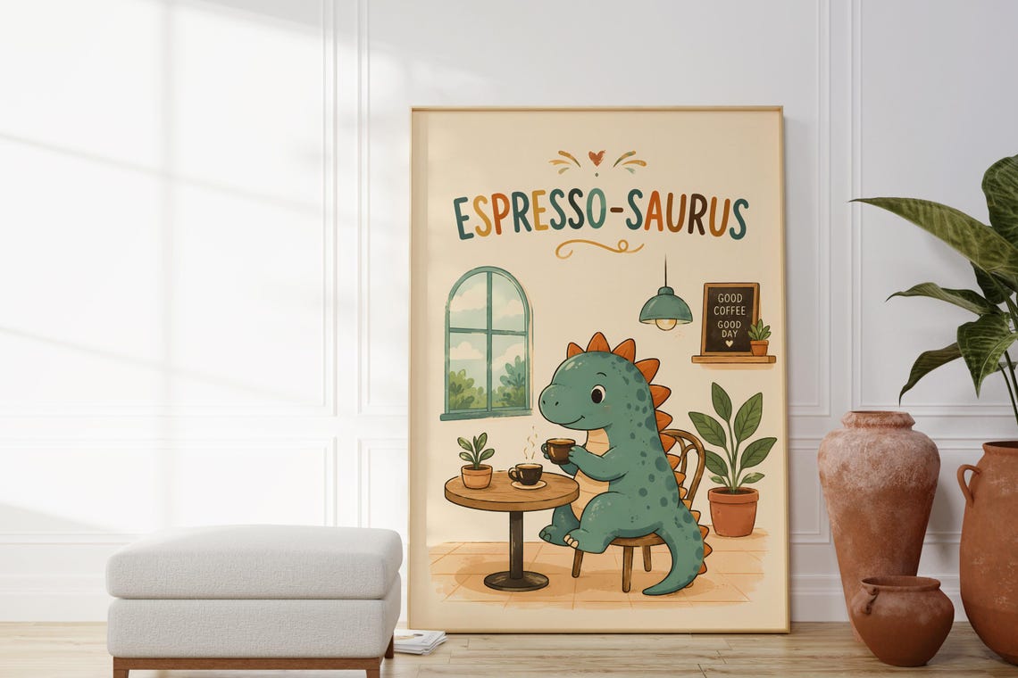 Espresso Saurus Cute Green Dinosaur Coffee Shop Adorable Poster