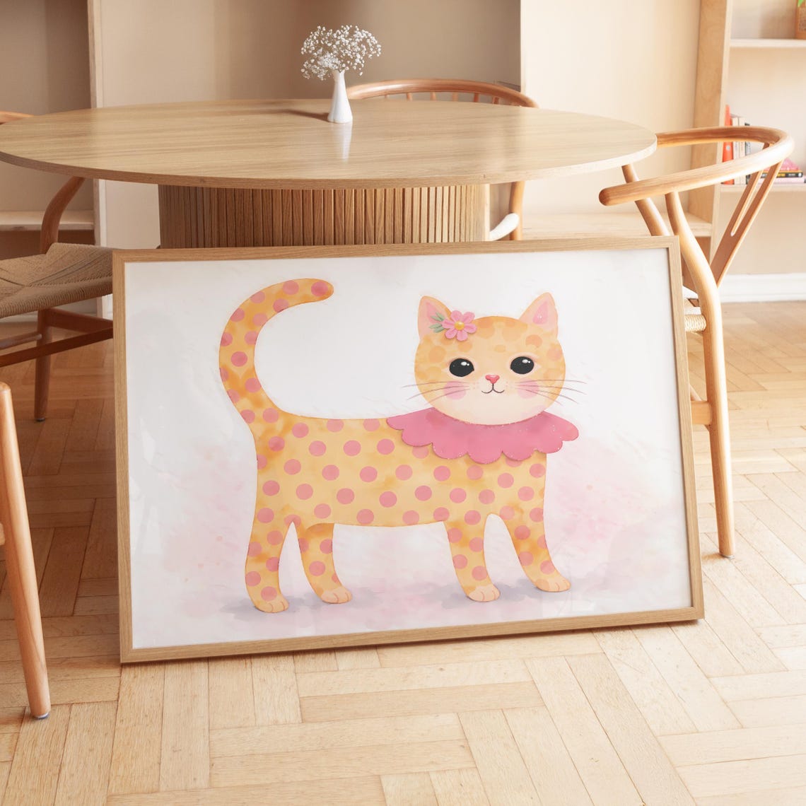 Polka Dot Kitten Pink Dots Frilly Collar Kids Room Art Poster
