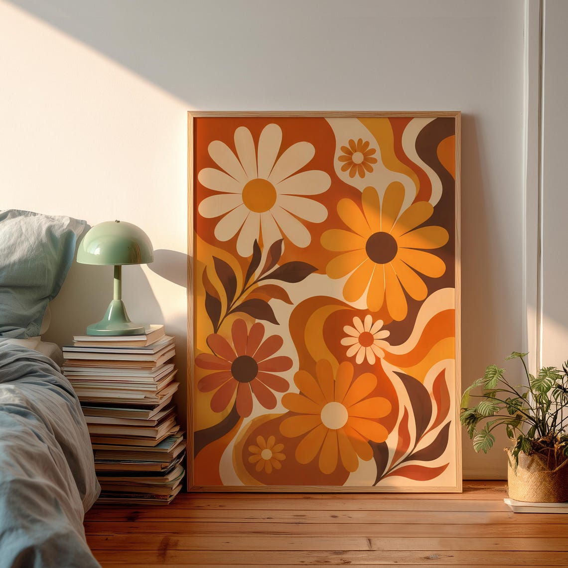 Retro Groovy Daisy Terracotta Orange Swirl 70s Floral Wall Poster