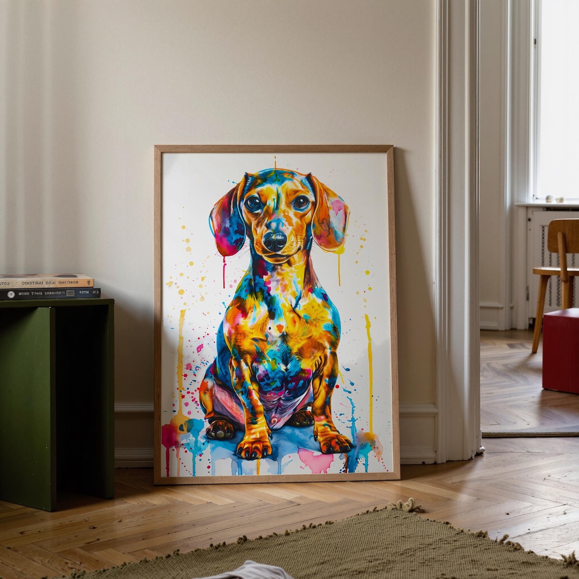 Funny Dachshund Poster, Colorful Watercolor Dog Portrait