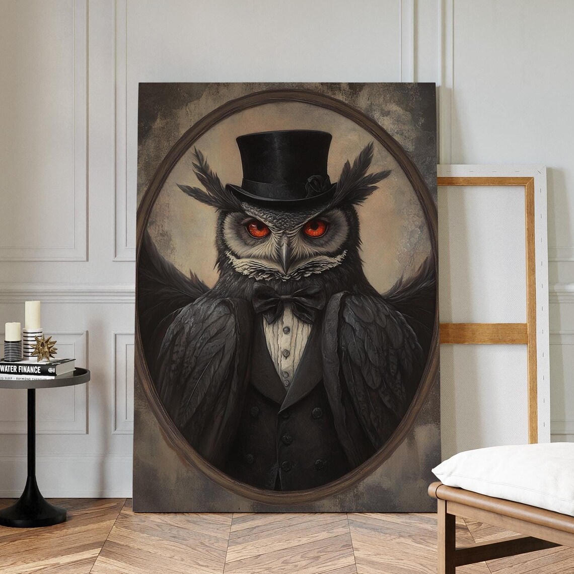 Regal Owl In Top Hat Steampunk Portrait Gothic Animal Vintage Wall Art