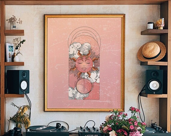 Celestial Sleeping Sun Moon Arch Pink Vintage Spirit Wall Poster