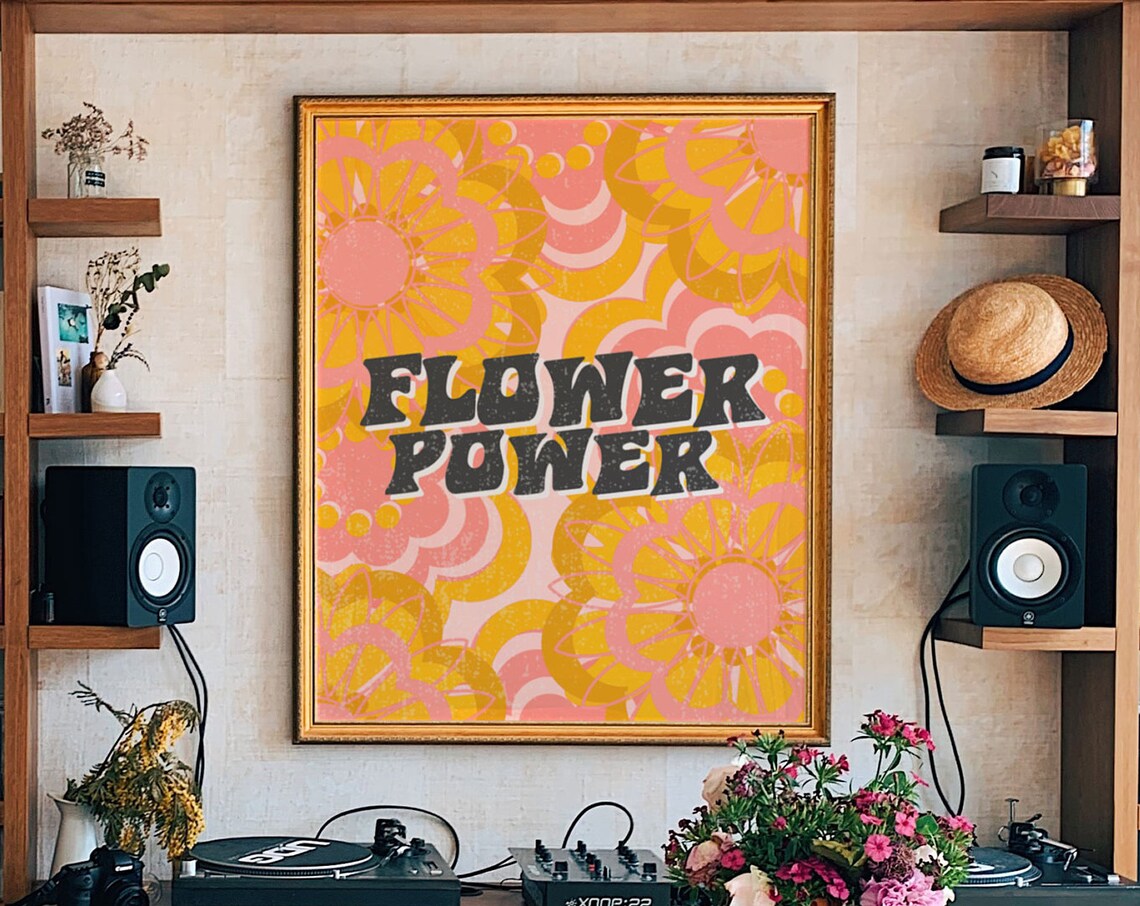 Flower Power Bold Black Retro Typography Orange Floral Art Poster