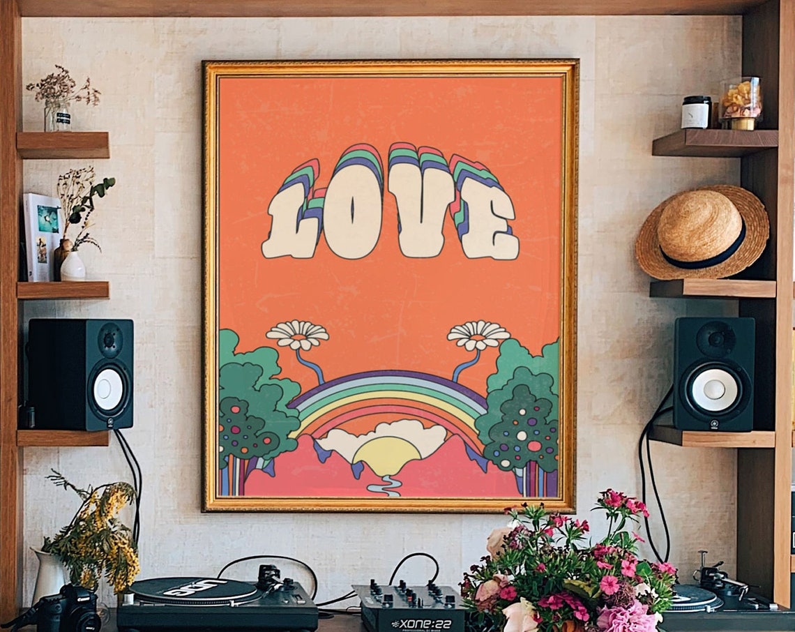 Love Bubble Letters Rainbow Landscape Retro Groovy Hippie Art Poster