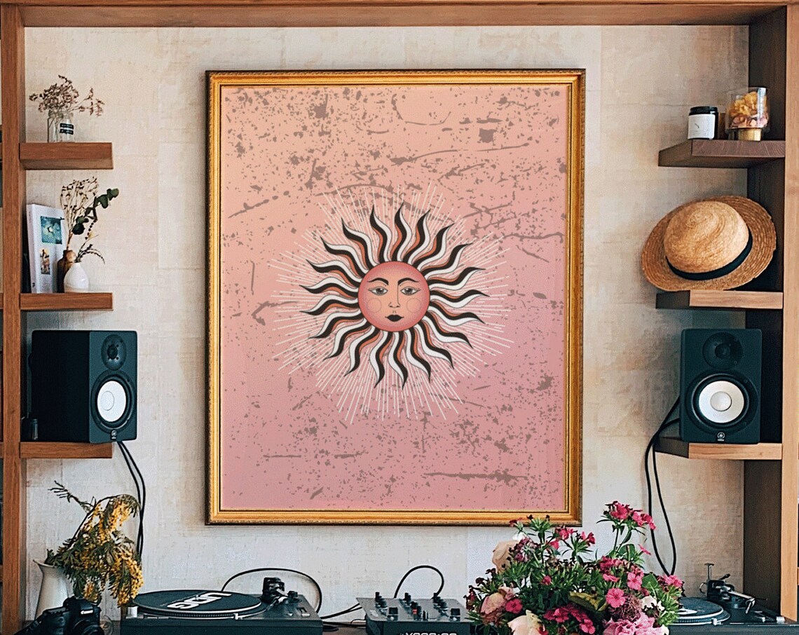 Pink Boho Sun Face Bold Wavy Rays Vintage Spiritual Art Poster