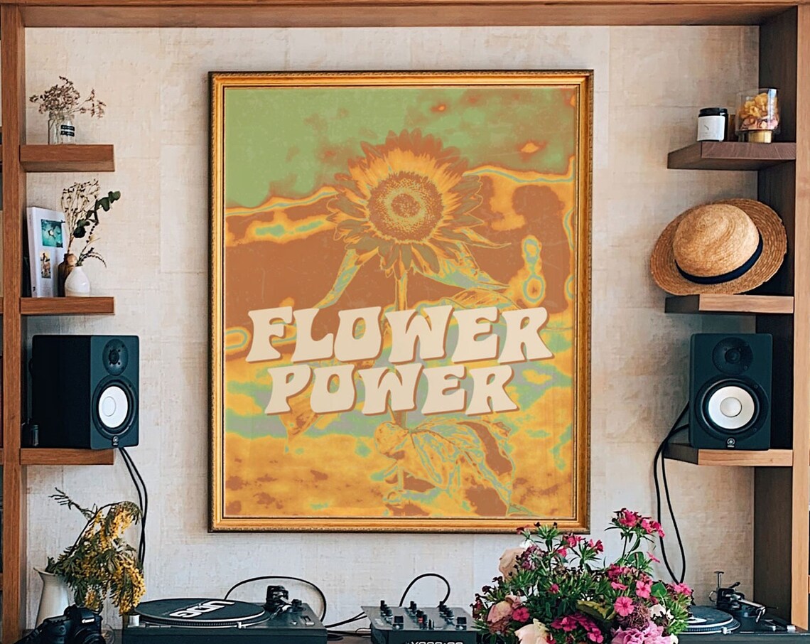 Flower Power Psychedelic Sunflower Collage Warm Tones Art Poster