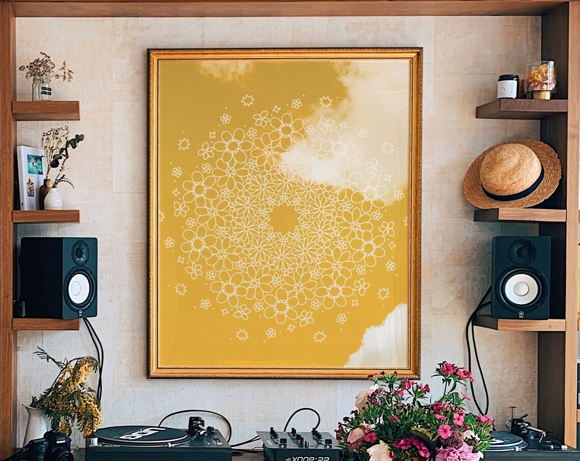 Mustard Yellow Daisy Circle Mandala Line Art Boho Spirit Wall Poster
