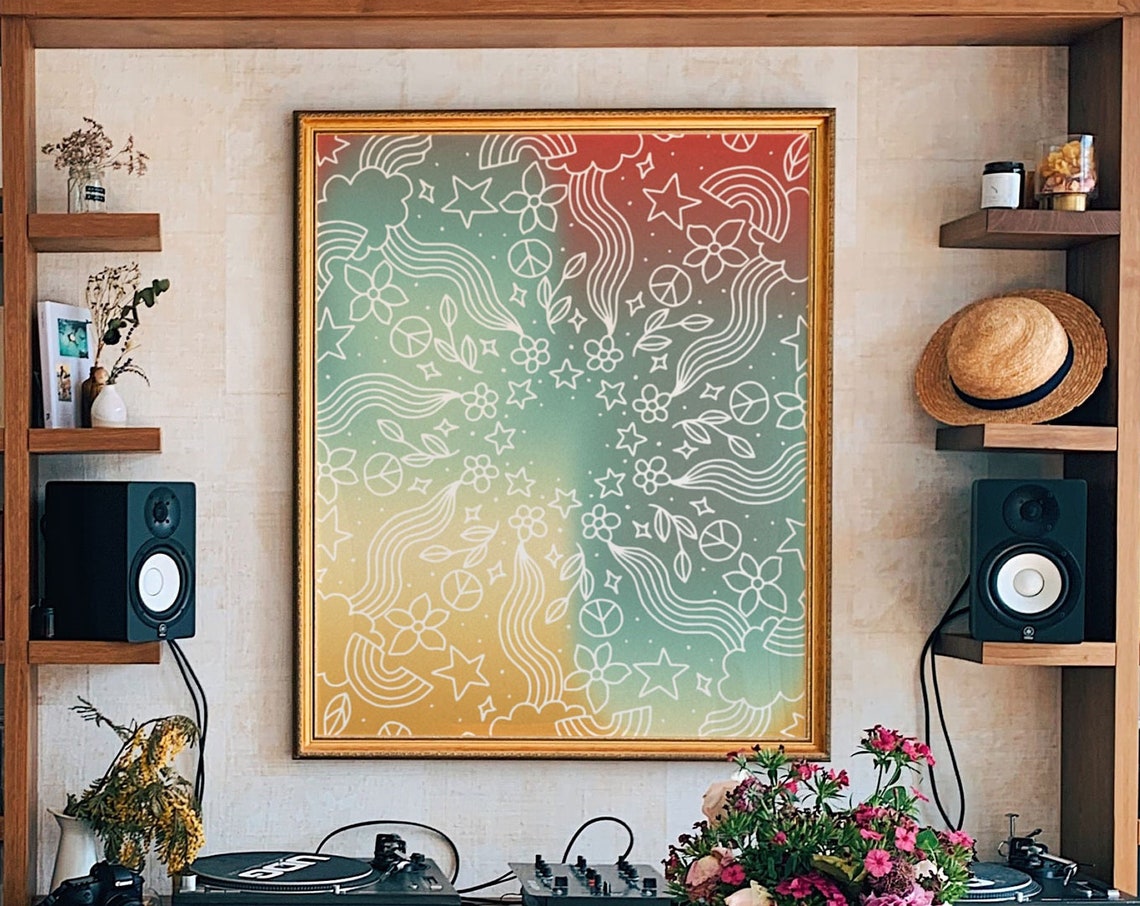 White Doodle Line Art Stars Peace Signs Gradient Rainbow Art Poster