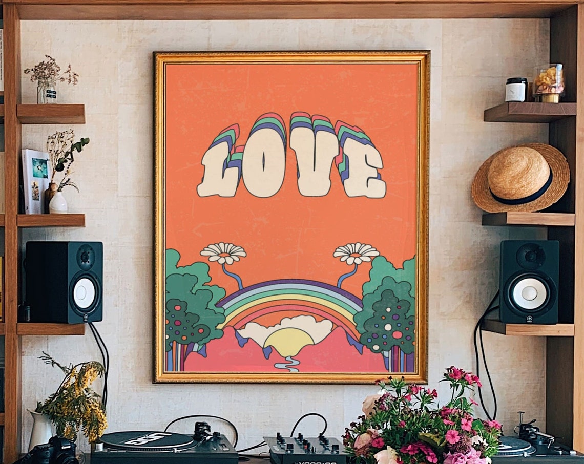Love Rainbow Psychedelic Typography Orange Retro 70s Quote Poster