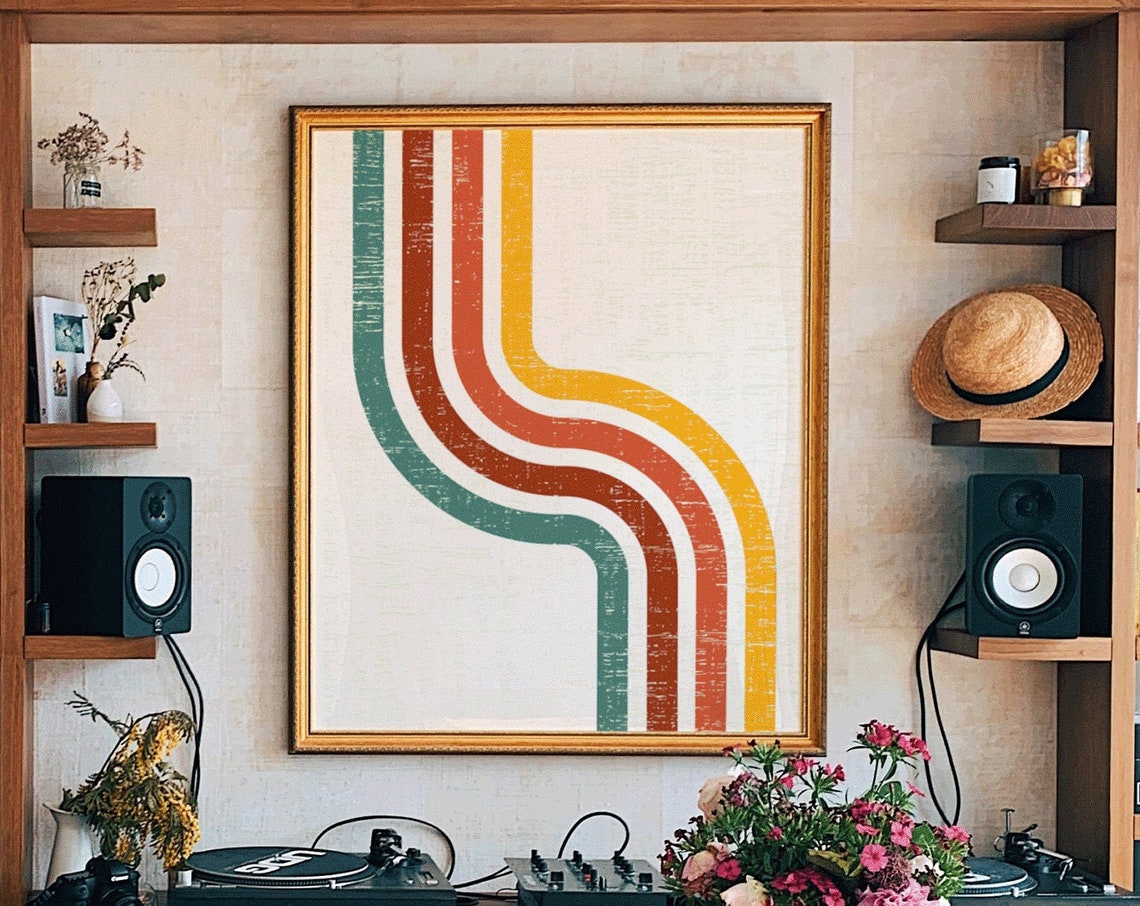 Curved Retro Rainbow Stripes Distressed Mid Century Line Art Poster