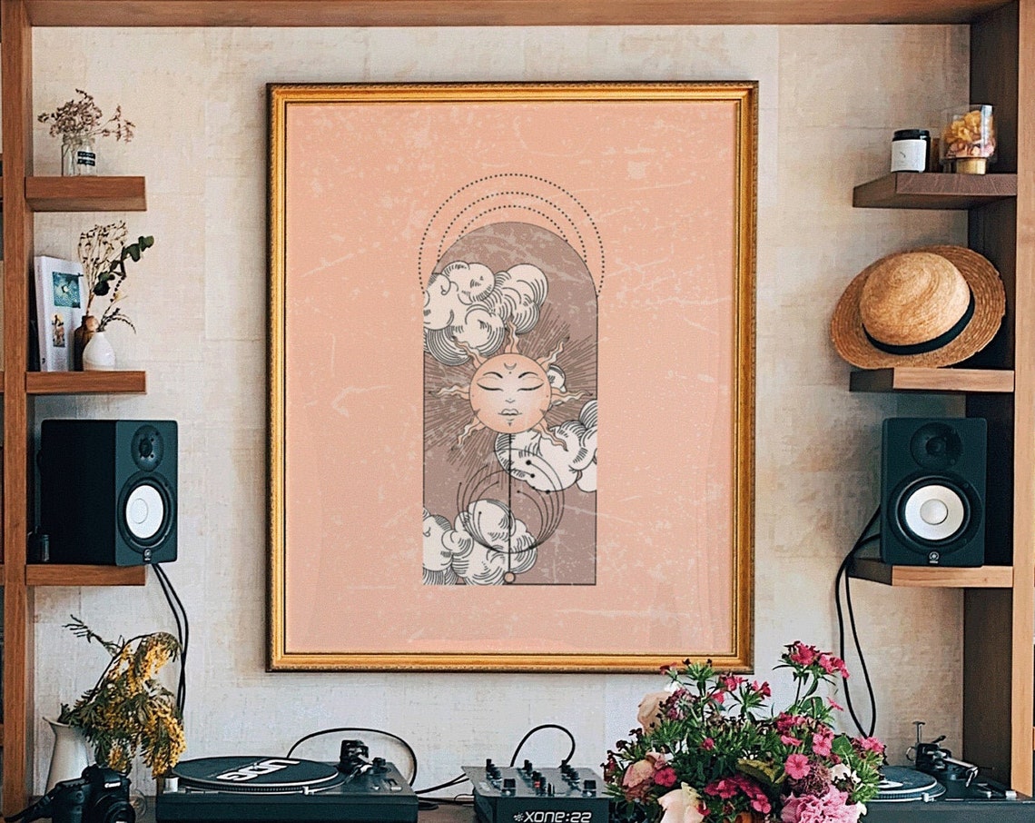 Celestial Sleeping Moon Face Cloudy Arch Vintage Spirit Wall Poster