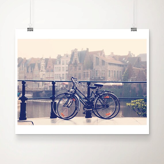 Ghent Belgium Vintage Bicycles on Canal Bridge Photo Poster Art