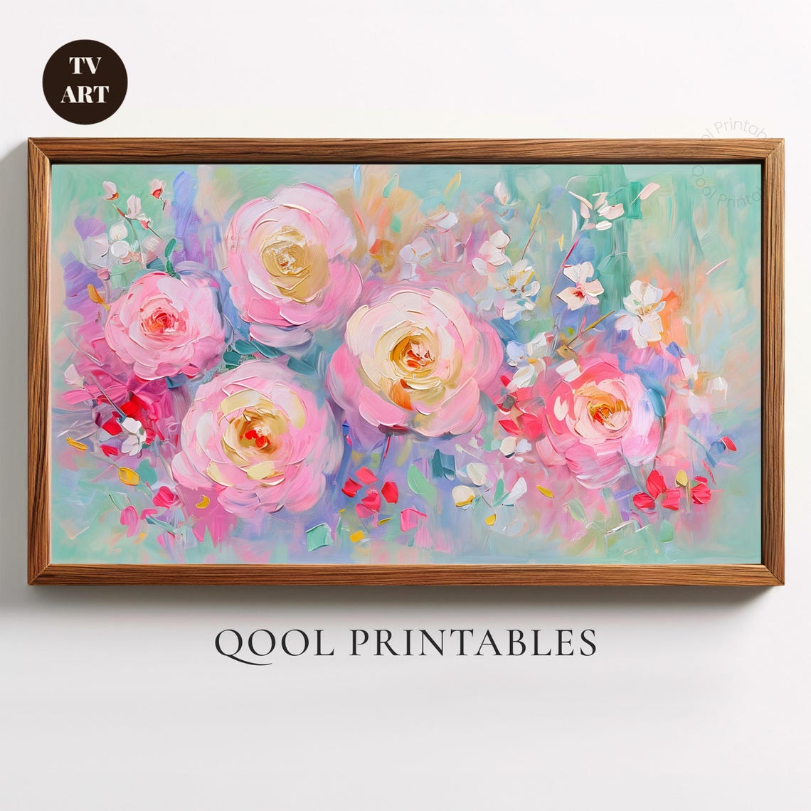 Pastel Pink Peony Blossoms Oil Painting Soft Floral TV Wall Art