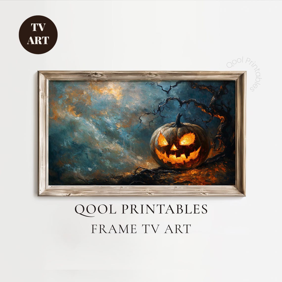 Glowing Pumpkin Twisted Branches Dark Night Oil Painting Wall Art