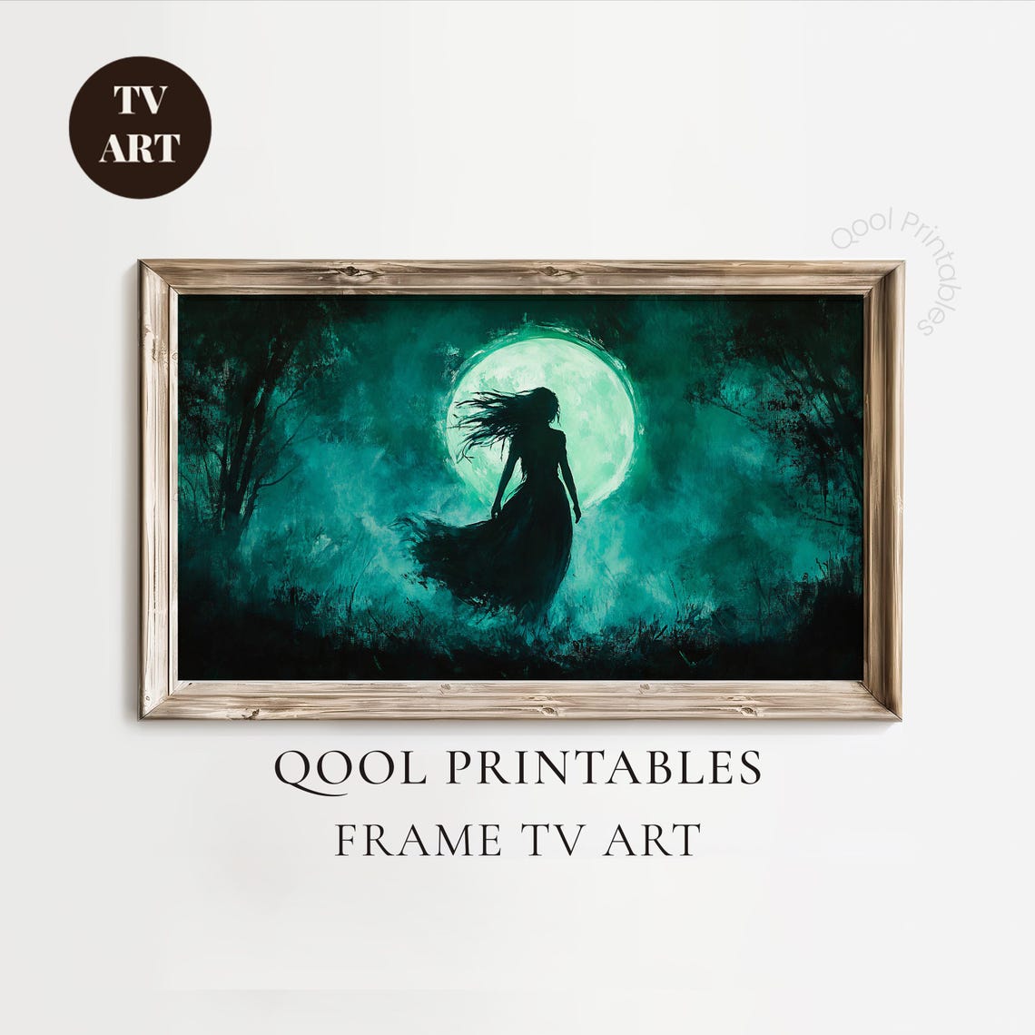 Dark Witch Silhouette Full Moon Teal Oil Painting Halloween Wall Art