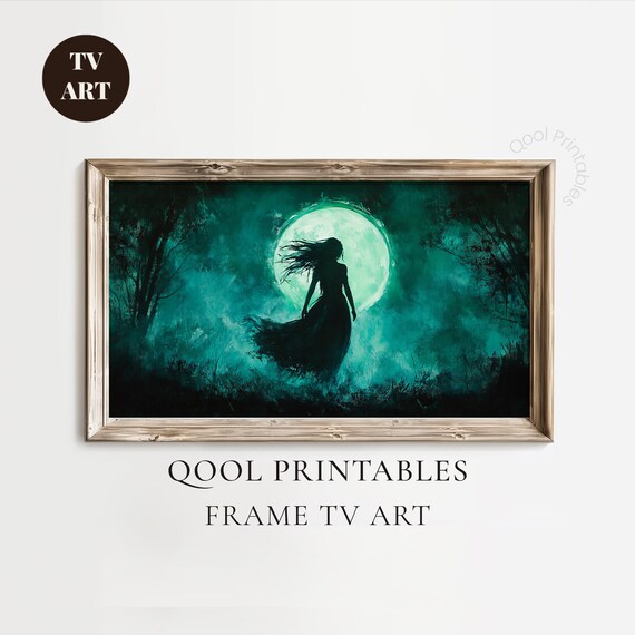 Dark Witch Silhouette Full Moon Teal Oil Painting Halloween Wall Art