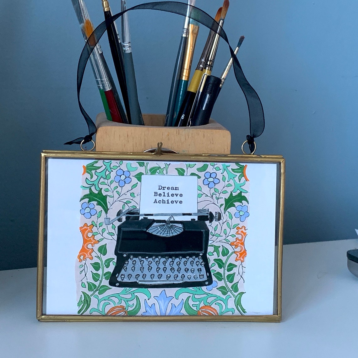 Dream Believe Achieve Black Typewriter Floral Botanical Art Print - Image 2