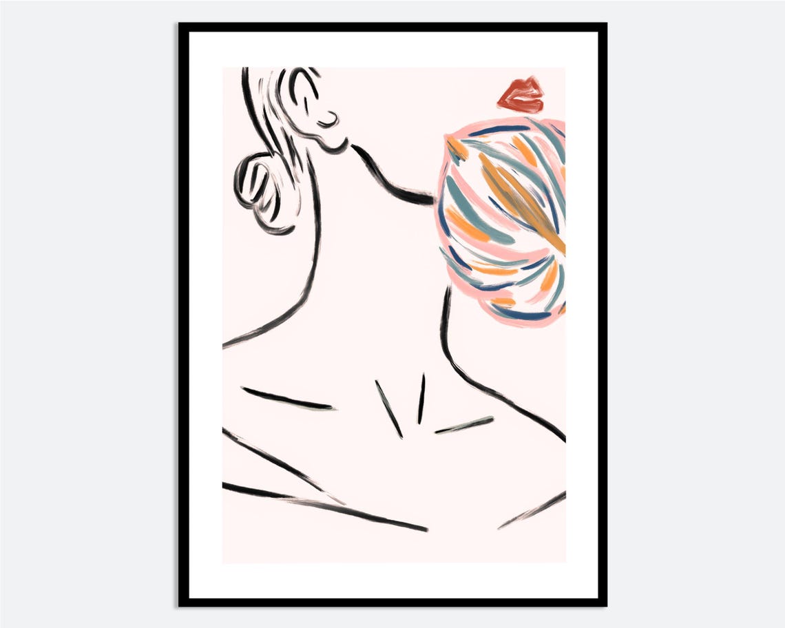 Woman Line Drawing Wall Art Print Hand Drawn Girl Portrait With Colorful Flower Bud Modern Fashion Illustration Poster Ma50