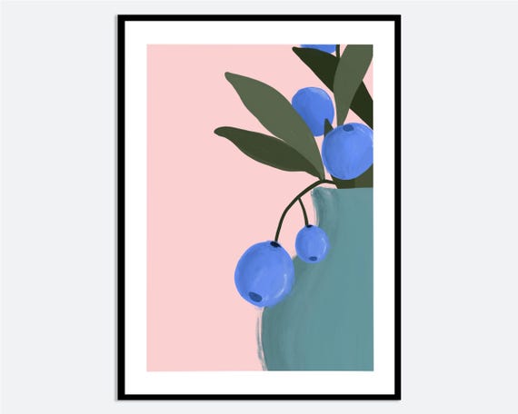 Blueberries Bouquet In Vase Wall Art Print Contemporary Modern Hand Drawn Botanical Illustration Colorful Spring Poster Ma25