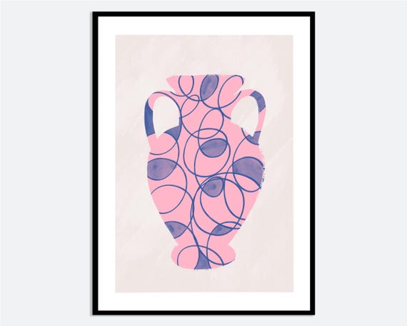 Blue Abstract Line Pink Vase Wall Art Print Contemporary Modern Hand Drawn Illustration Kitchen Spring Summer Poster Decor Ma30