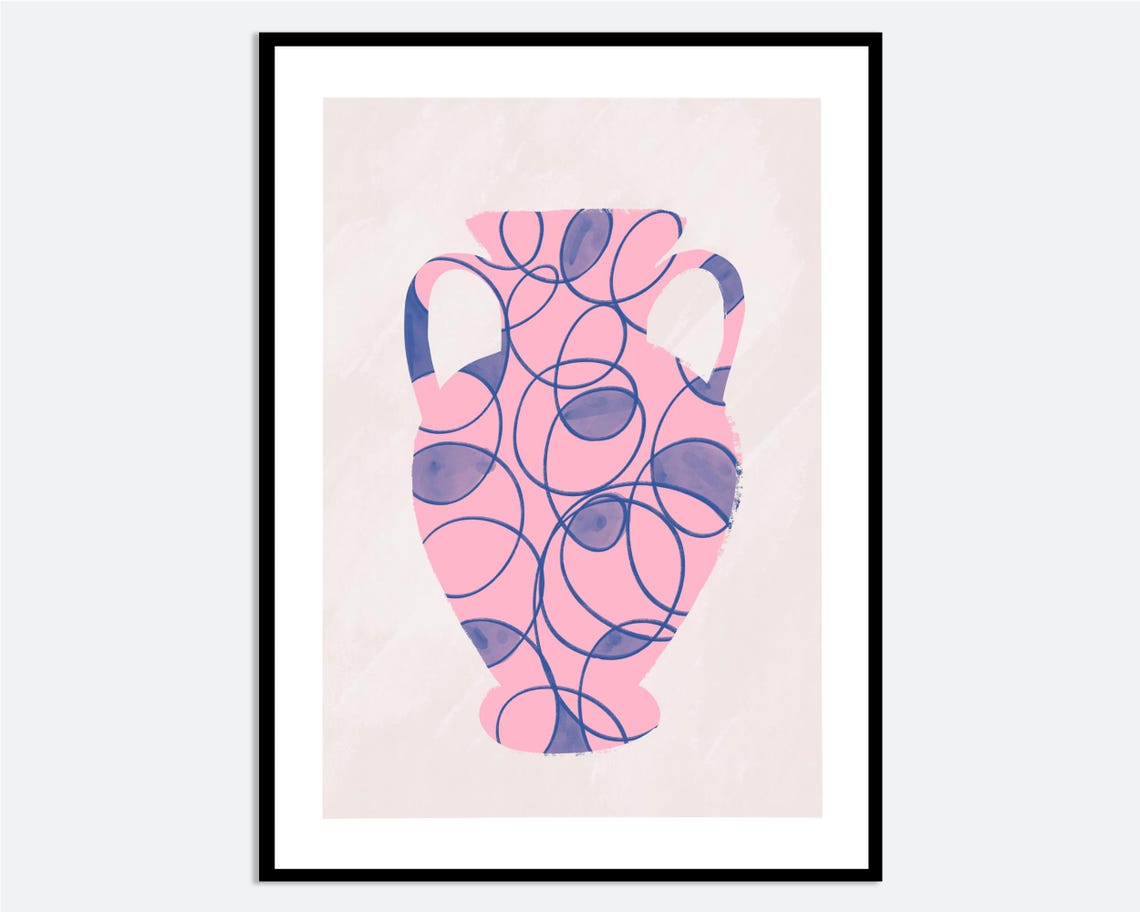Blue Abstract Line Pink Vase Wall Art Print Contemporary Modern Hand Drawn Illustration Kitchen Spring Summer Poster Decor Ma30