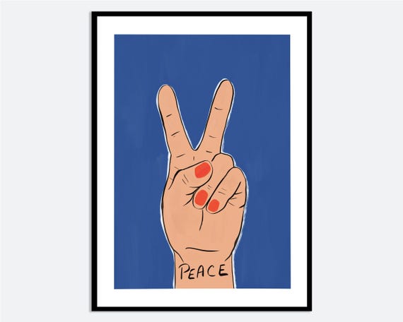 Peace Sign Hand Wall Art Print Contemporary Drawn Illustration Blue Bold Graphic Poster Modern Summer Pop Decor Ma40