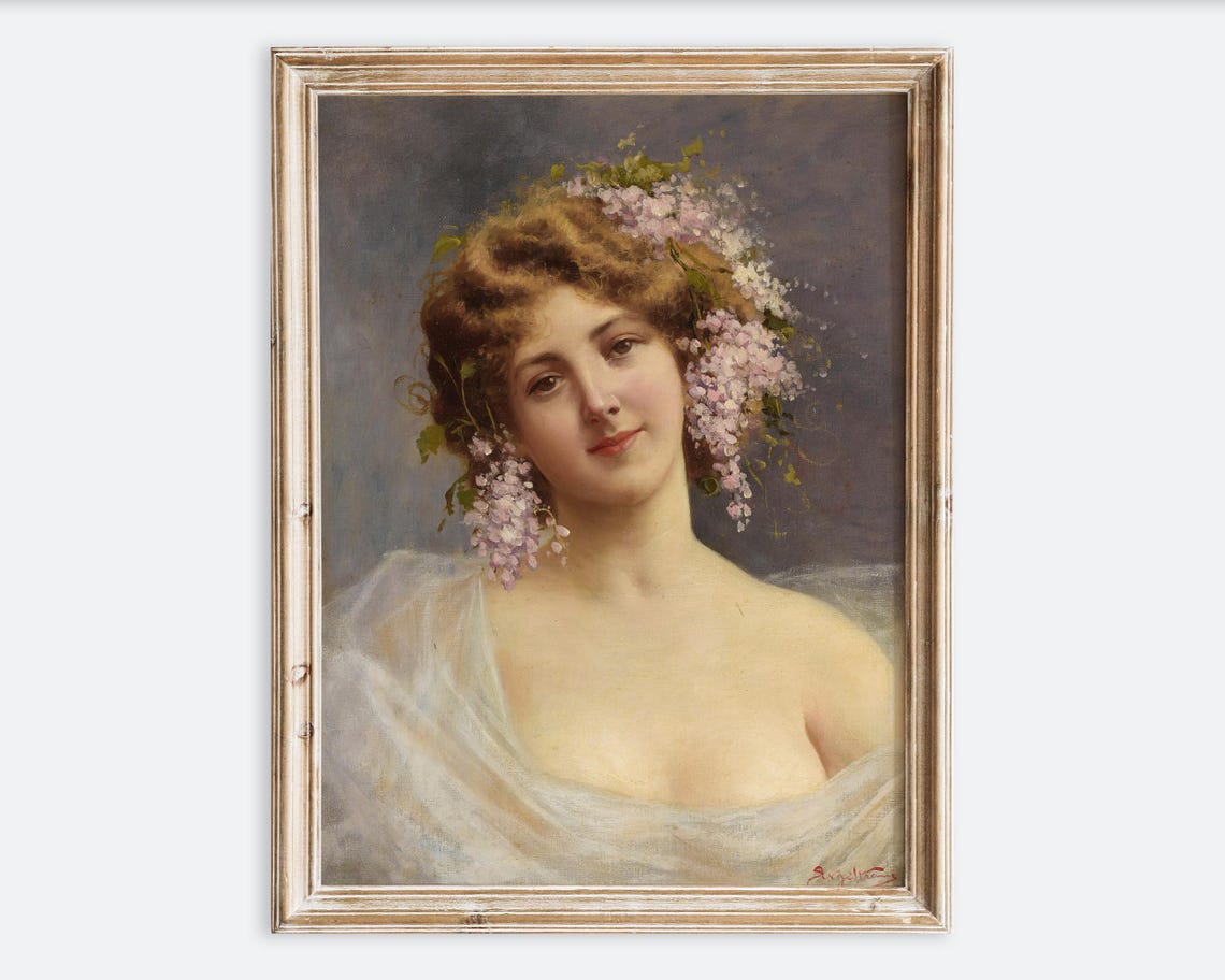 European Vintage Girl With Pink Lilacs Flowers Portrait Oil Painting Wall Art Print Antique Woman Poster Moody Muted Farmhouse Vp323