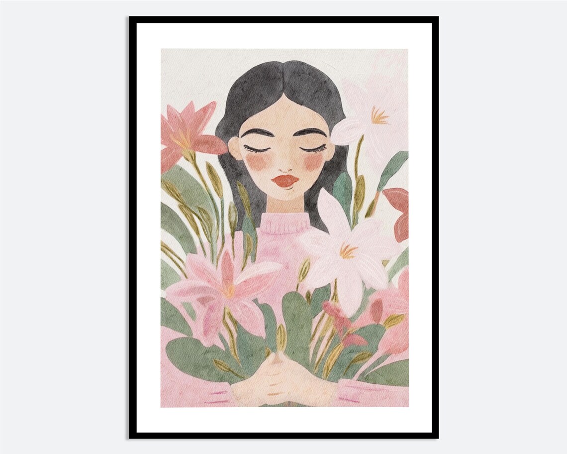 Girl With Flower Bouquet Spring Watercolor Illustration Wall Art