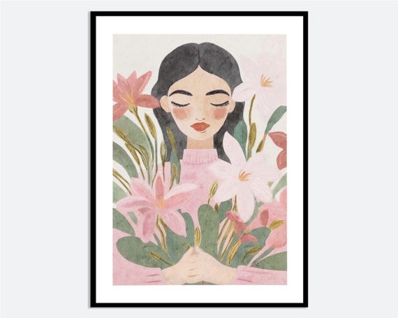 Girl With Flower Bouquet Wall Art Print Contemporary Modern Hand Drawn Woman Illustration Colorful Spring Floral Poster Ma20