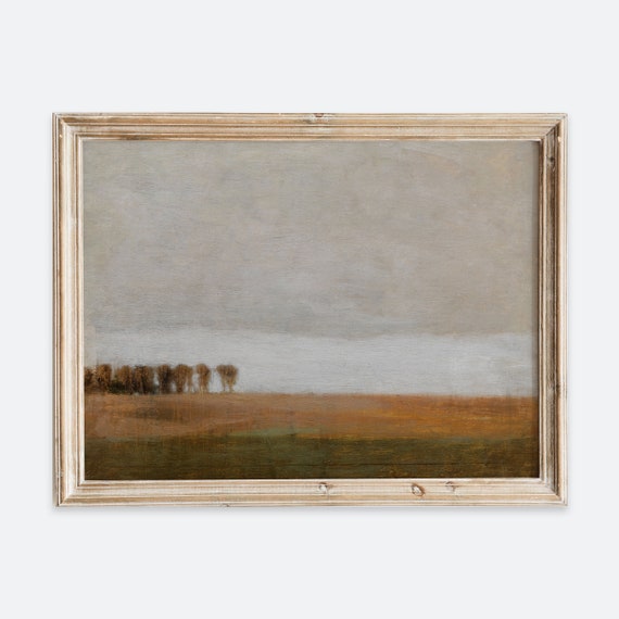 Rustic Vintage European Grass Field Oil Painting Wall Art Print Neutral Muted Autumn Landscape Poster Antique Moody Farmhouse Decor Vp100