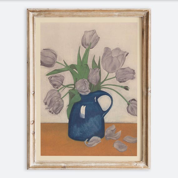 European Vintage Tulips In Blue Vase Still Life Floral Wall Art Print Rustic Antique Oil Painting Moody Neutral Farmhouse Poster Vp163