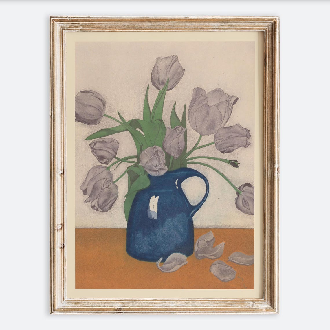 European Vintage Tulips In Blue Vase Still Life Floral Wall Art Print Rustic Antique Oil Painting Moody Neutral Farmhouse Poster Vp163