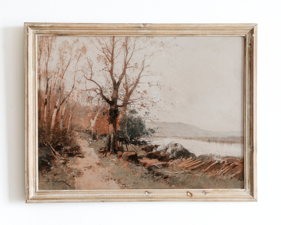 Rustic Autumn Trees by the Water Vintage Oil Painting Poster