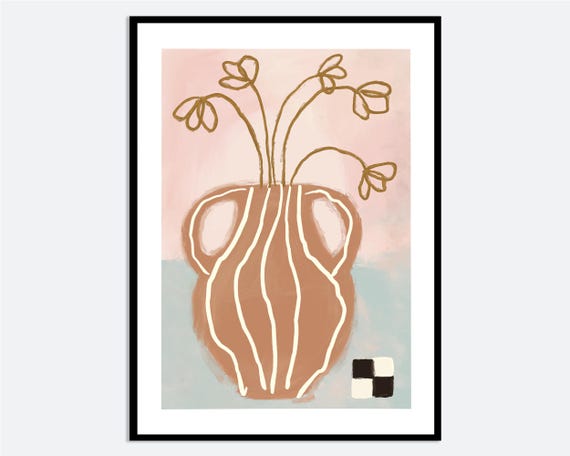 Terracotta Vase With Flowers Wall Art Print Hand Drawn Botanical Line Illustration Contemporary Modern Floral Spring Summer Poster Ma112