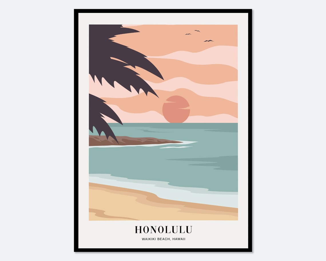Waikiki Beach Honolulu Hawaii Boho Travel Poster