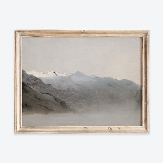 Rustic Vintage Winter Snow Mountain In Fog Landscape Oil Painting Wall Art Print Neutral Muted Poster Antique Moody Farmhouse Decor Vp215