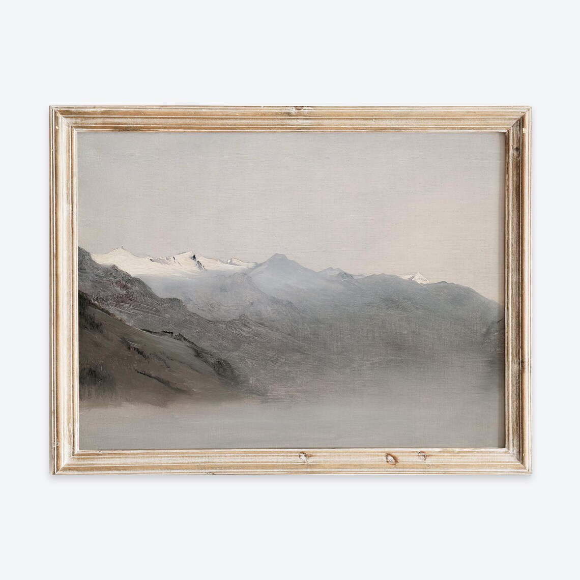 Rustic Vintage Winter Snow Mountain In Fog Landscape Oil Painting Wall Art Print Neutral Muted Poster Antique Moody Farmhouse Decor Vp215