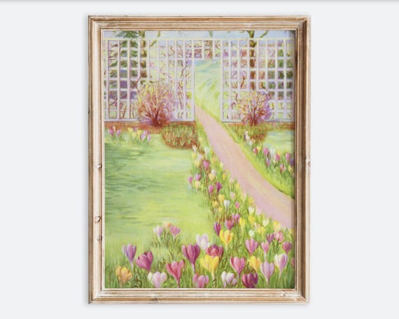 Vintage Spring Garden Wall Art Print Antique Crocus Flower Path Poster Rustic Floral Landscape Illustration Colorful Botanical Decor Vp310