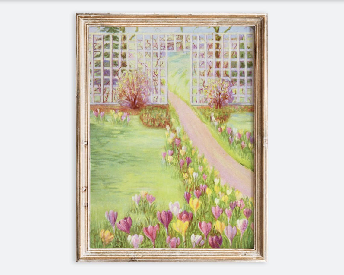 Vintage Spring Garden Crocus Flowers Path Antique Art Poster