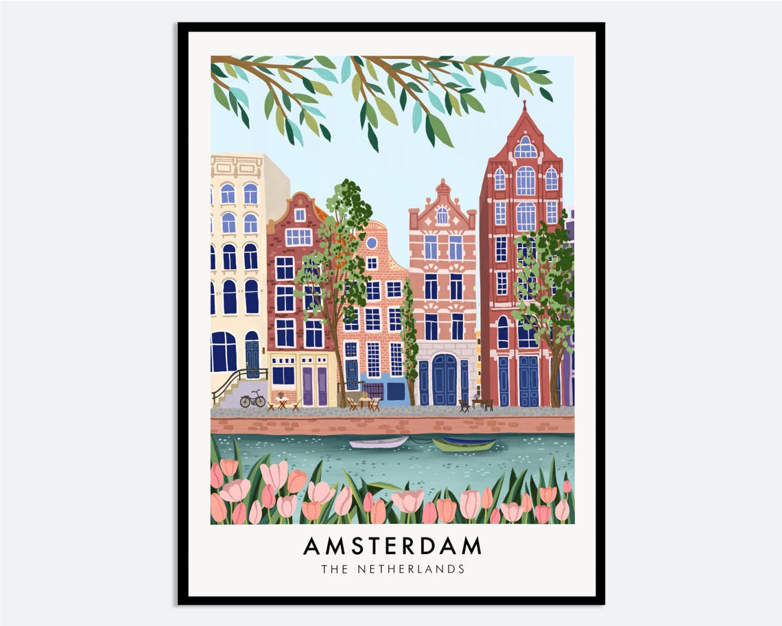 Amsterdam Netherlands Canal Houses Tulips Boats Colorful Art Poster