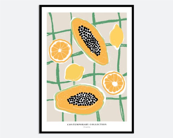 Tropical Fruits Papaya Lemons Orange Kitchen Wall Art Print Colorful Minimalistic Dining Room Hand Drawn Illustration Ma10