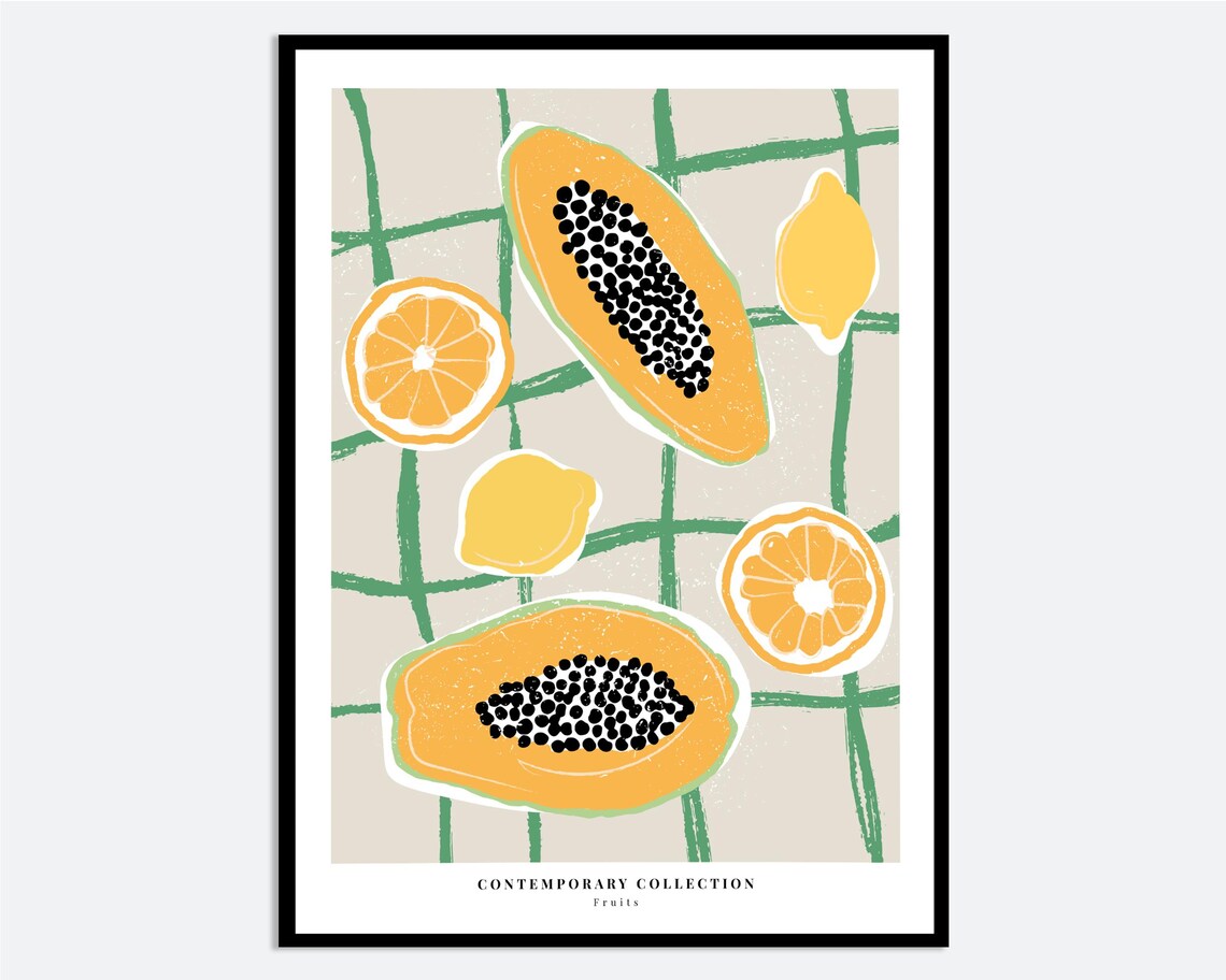 Papaya Citrus Fruits Tropical Green Grid Contemporary Art Print