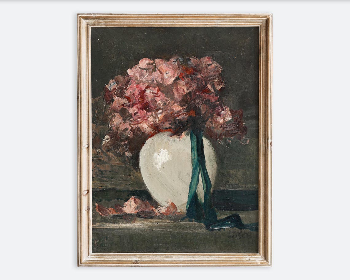 European Vintage Pink Flowers In White Vase Still Life Wall Art Print Rustic Dark Floral Oil Painting Antique Moody Farmhouse Poster Vp273