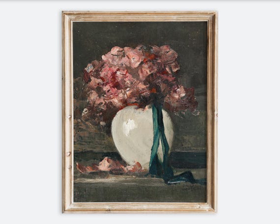 European Vintage Pink Flowers In White Vase Still Life Wall Art Print Rustic Dark Floral Oil Painting Antique Moody Farmhouse Poster Vp273