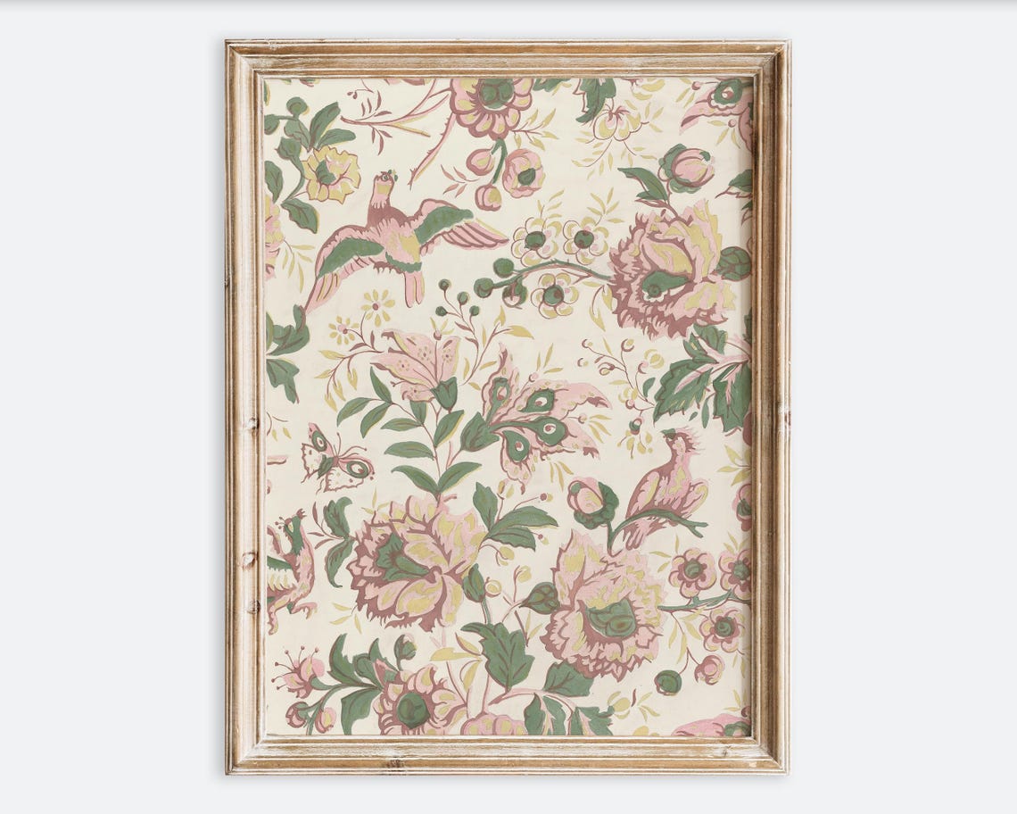 Vintage Floral Birds Pattern Pink Green Rustic Wallpaper Style Poster