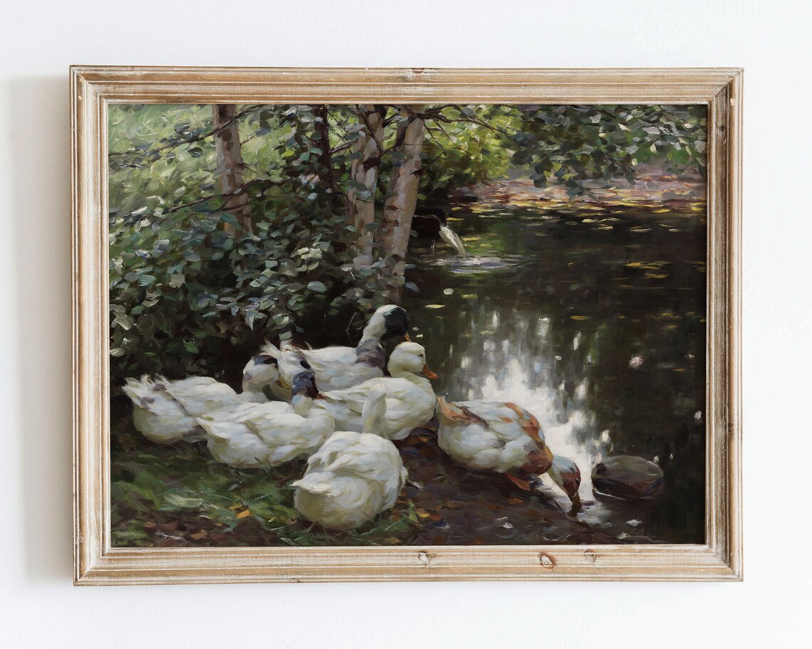European Vintage White Ducks, Rustic Farmhouse Art Print