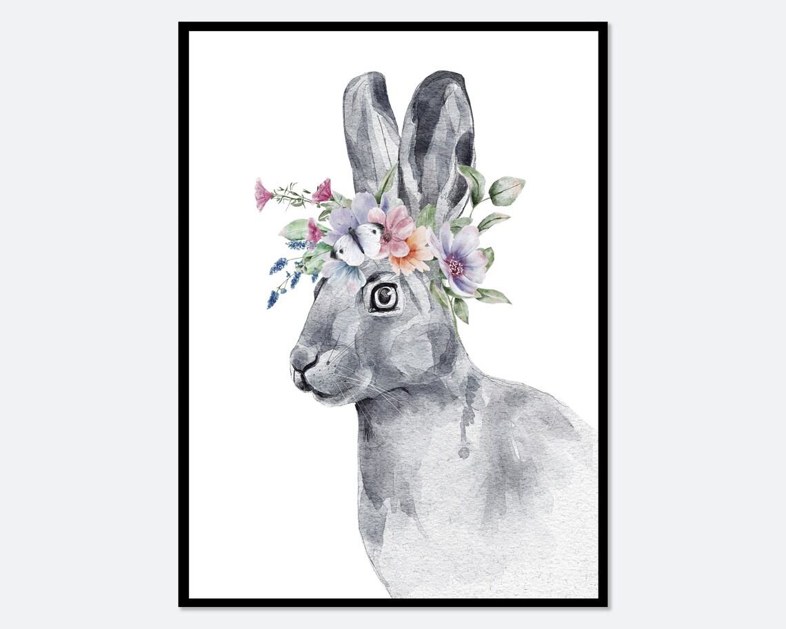 Safari Nursery Print Bunny With Flowers Animal Nursery Decor For Boysgirls Nursery Art Baby Animal Prints Floral Rabbit Print Ap04