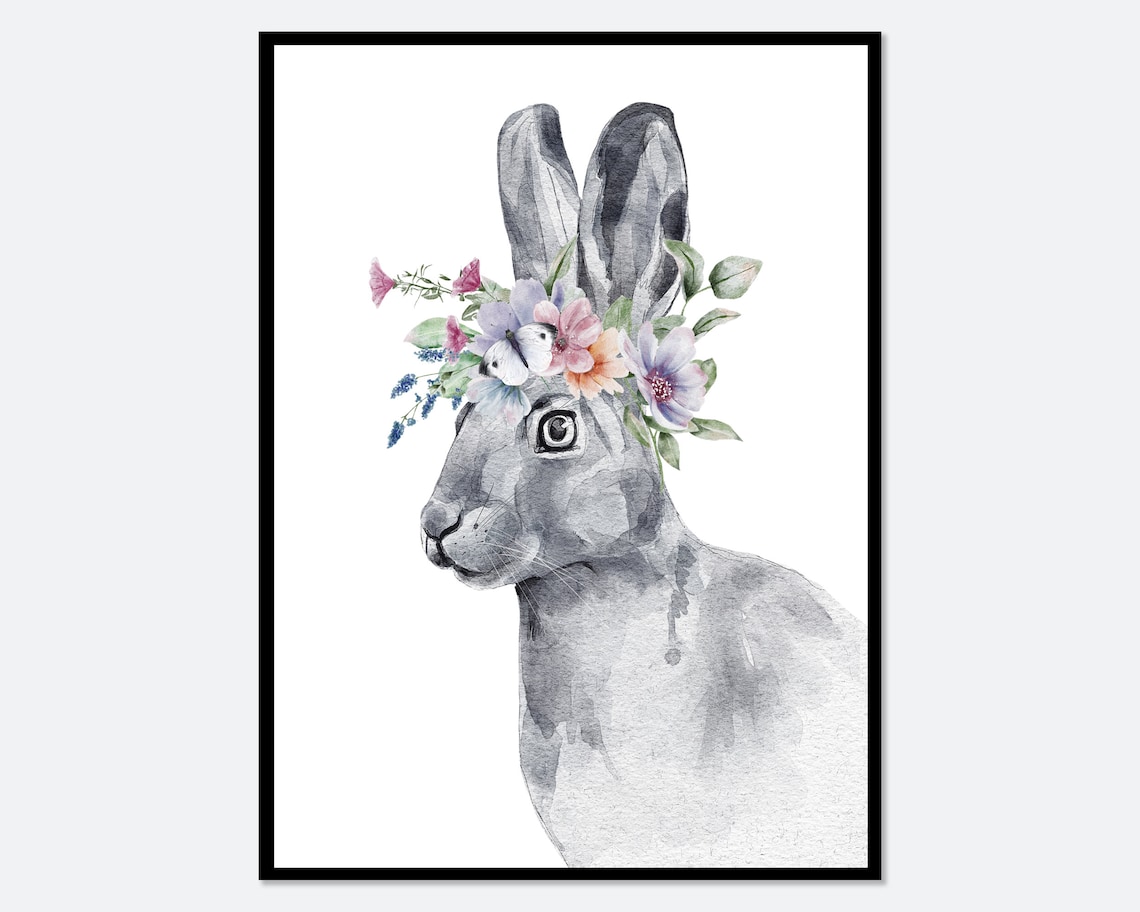 Watercolor Bunny With Flower Crown Sweet Nursery Animal Poster