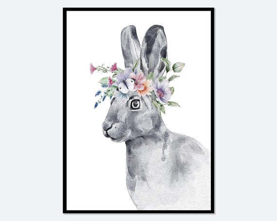 Watercolor Bunny With Flower Crown Sweet Nursery Animal Poster