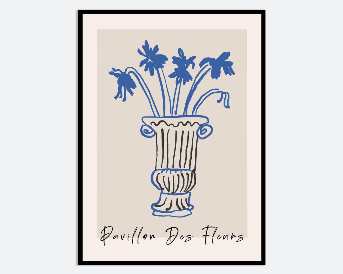 Blue Flowers in Urn Line Drawing Pavillon Des Fleurs Modern Poster